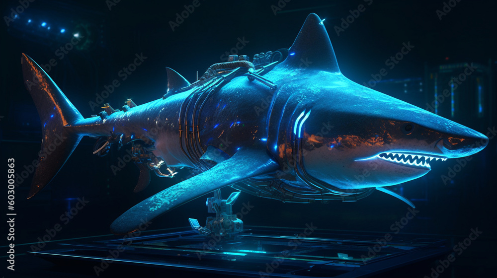 Poster a cyberpunk version of a shark with advanced sonar systems and glowing bio-luminescent skin. generat