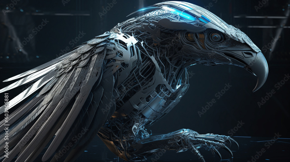 Poster a futuristic eagle with a cybernetic beak and wings that can generate an electromagnetic field. gene