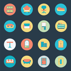 Bundle of Kitchen and Room Furniture Flat Icons 

