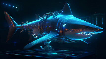 a cyberpunk version of a shark with advanced sonar systems and glowing bio-luminescent skin. Generative AI