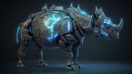 Fototapeta na wymiar a futuristic rhino with augmented armor plating and glowing energy horns. Generative AI