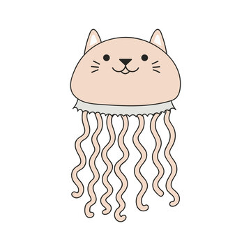 Cute funny cat jellyfish swimming in ocean cartoon character illustration. Hand drawn kawaii style design, line art, isolated vector. Kids print element, sea animals, aquatic wildlife, marine life