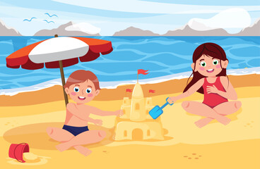 Obraz na płótnie Canvas Children on the beach, hello summer. Kids having fun. Summer vacation. Vector illustrations