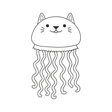 Cute funny cat jellyfish swimming in ocean cartoon character illustration. Hand drawn kawaii style design, line art, isolated vector. Black and white coloring pages. Kids print element, sea animals