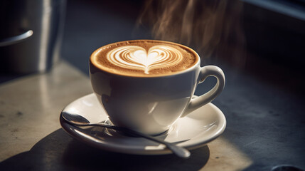 A classic cup of coffee, with steam rising from the surface and a heart-shaped latte art design Generative AI