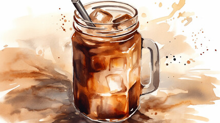 A watercolor cold, refreshing glass of iced coffee, with a swirl of cream and a dash of cinnamon, perfect for a summer afternoon Generative AI