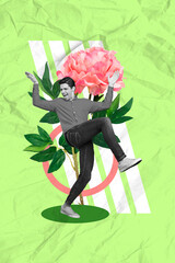 Vertical collage image of excited black white effect mini guy dancing big fresh spring flower isolated on green paper background