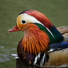 Male mandarin duck swimming in a lake in Kent, UK. Square close up image of a duck. Mandarin duck (Aix galericulata) in Kelsey Park, Beckenham, Greater London. The mandarin is a species of wood duck.