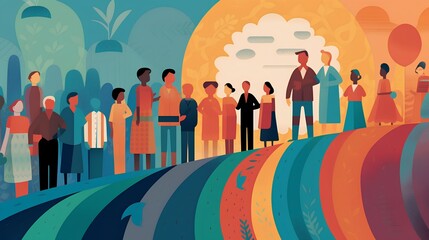 Diverse crowd of stylized people, showcasing the concept of social equity. Importance of fairness, inclusion, and equal opportunities in society, regardless of individual differences. Generative AI