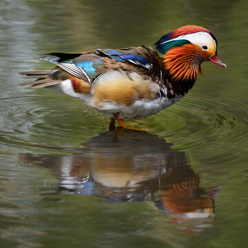 Male mandarin duck standing in a lake in Kent, UK. Square image with duck facing right. Mandarin duck (Aix galericulata) in Kelsey Park, Beckenham, London. The mandarin is a species of wood duck.