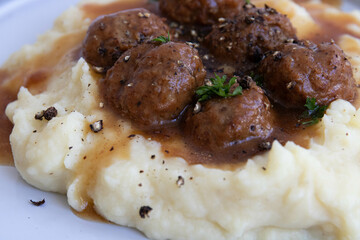 Close up meat balls with mashed potatoes