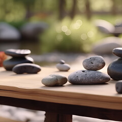 There are balancing stones placed on the wooden table in the lush Zen garden, , bringing a sense of tranquility and serenity to the mind and body.