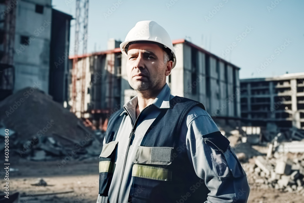 Poster portrait of a construction worker on the background of a building site. generative ai