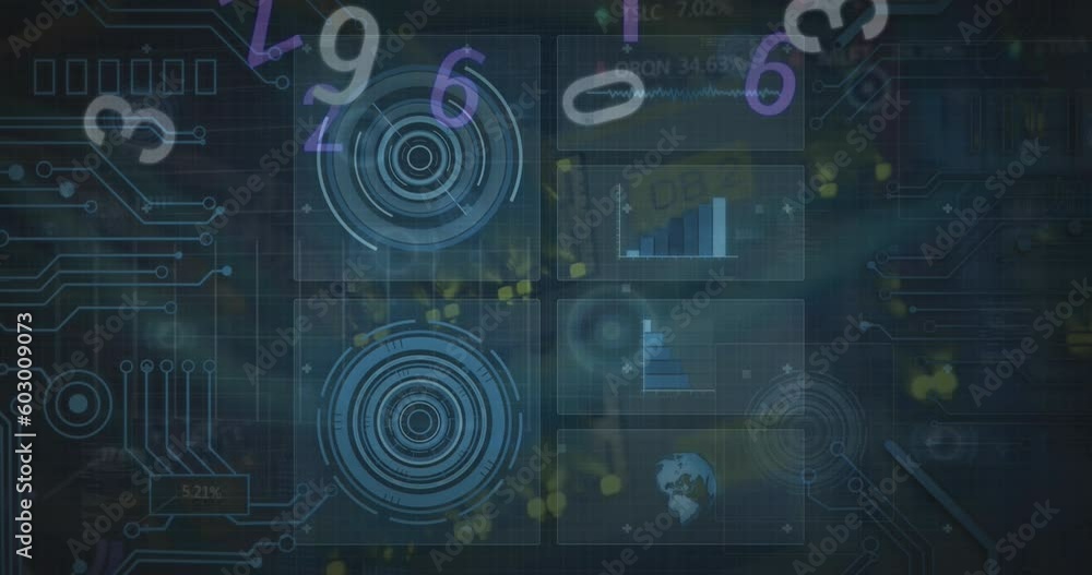 Poster animation of numbers, data processing over scope scanning