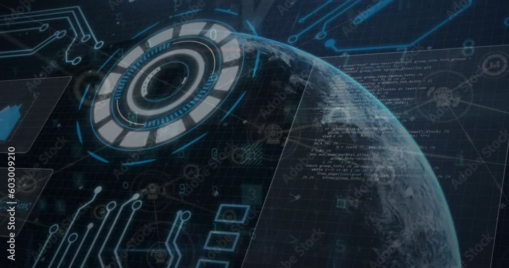 Poster animation of data processing over scope scanning and globe