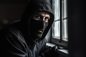 Burglar wearing a balaclava looking through house window. Unrecognizable person in black hoodie and mask. Criminal issues concept. Generative AI - obrazy, fototapety, plakaty