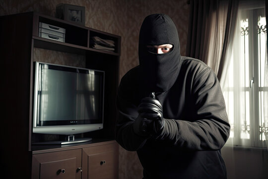 Burglar in a house in front of a TV. Unrecognizable person in a black hoodie and mask breaking into a house. Criminal issues concept. Generative AI