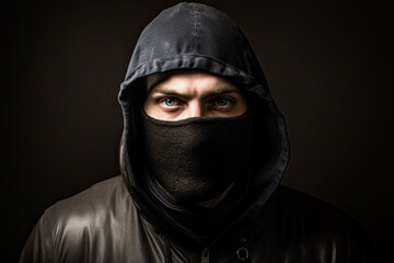 Mugshot of burglar wearing a balaclava closeup on black dark background. Portrait of thief burglar in a black hoodie and mask. Generative AI - obrazy, fototapety, plakaty