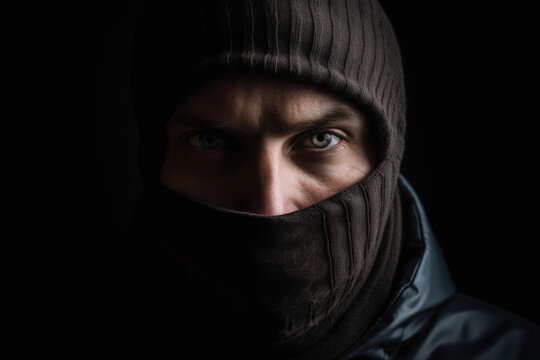 Mugshot of burglar wearing a balaclava closeup on black dark background. Portrait of thief burglar in a black hoodie and mask. Generative AI
