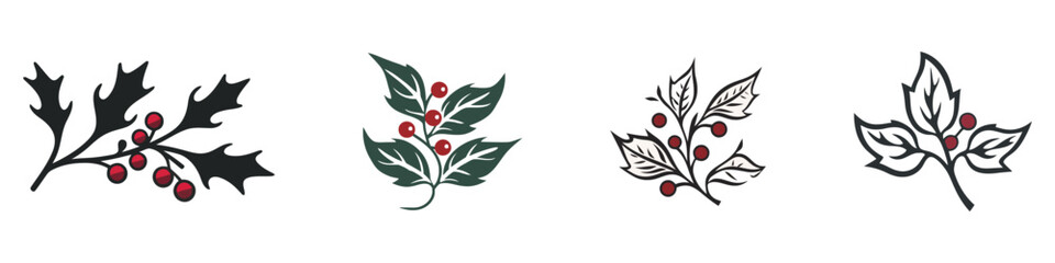 Christmas vector plants set. Holly berry, christmas tree, pine, leaves branches. Vector illustration