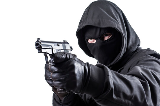 Thief with a gun closeup high key white background. Unrecognizable person in black hoodie and mask aiming a gun. Generative AI