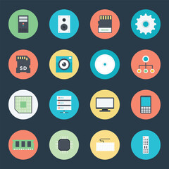 Set of 16 Hardware Technology Flat Icons 