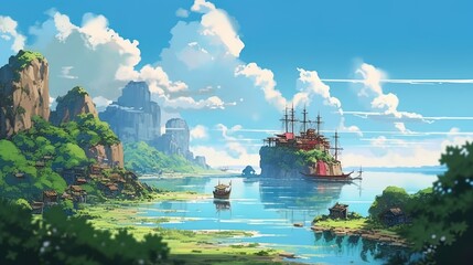 Obraz premium Wide angle panorama of beautiful anime style island with ship at ocean with blue sky at day using generative AI