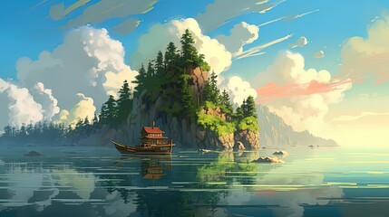 Wide angle panorama of beautiful anime style fantasy island landscape near ocean with blue sky at day using generative AI