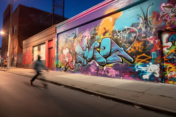 Obraz na płótnie Canvas A colorful graffiti mural in a wall, Long-exposure photography. generative AI