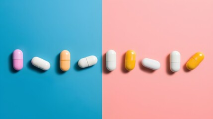 The concept of drug interactions, featuring an array of colorful pills. The complexity of pharmacological interactions, emphasizing the need for medical guidance in medication use. Generative AI - obrazy, fototapety, plakaty