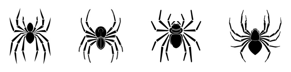 Set of black silhouette spider icon isolated on white background. Top,side and front view.