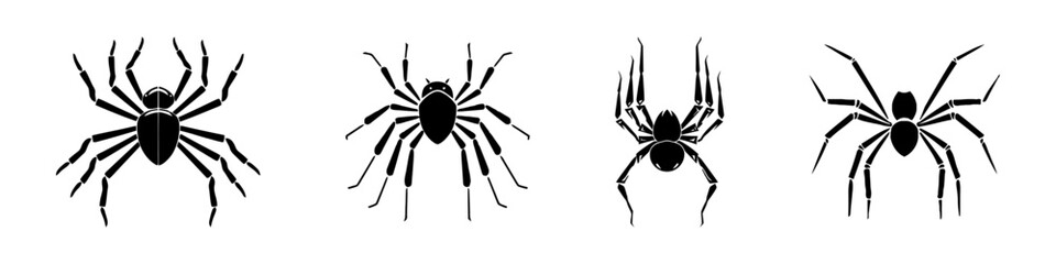Set of black silhouette spider icon isolated on white background. Top,side and front view.