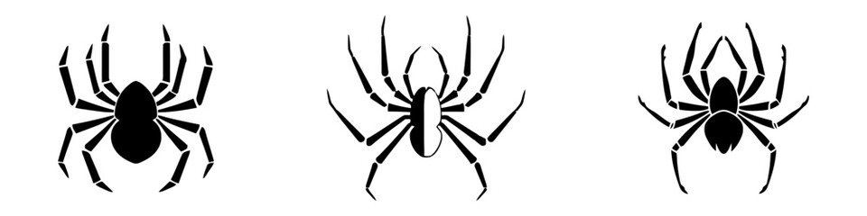 Set of black silhouette spider icon isolated on white background. Top,side and front view.