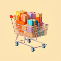 Shopping cart and gift box background 3D rendering