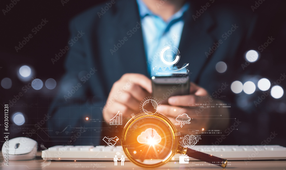 Poster cloud computing diagram. network data storage technology service. man working on digital screen with