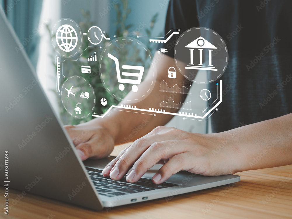 Poster customers using the service online shopping internet technology that is convenient in purchasing goo