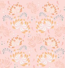 Fototapeta na wymiar Gorgeous chrysanthemum, meadow floral pattern. Pretty flowers on pink background. Printing with small flowers. Ditsy print. Seamless vector texture. Spring bouquet.