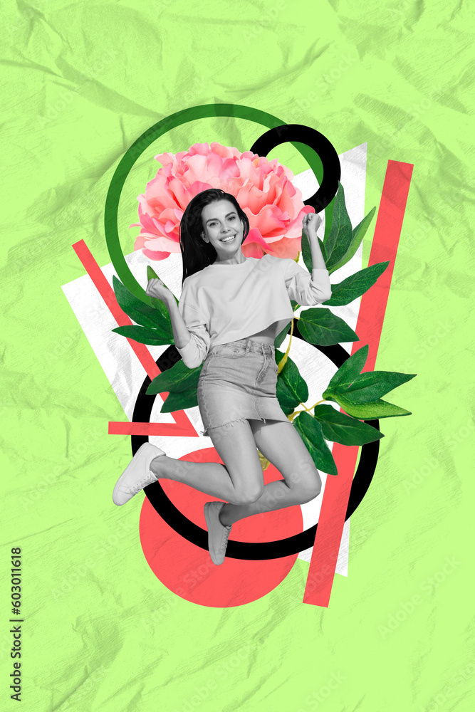 Poster Magazine image painting bright collage of happy lady girlfriend levitating rejoice 8 march presents with pink gentle peony