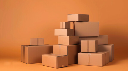 Stacked cardboard boxes. Boxes for moving or sending objects by mail or delivery. Smooth, unmarked bottom. Generative ai.