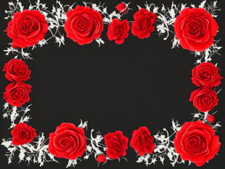 red roses on a black background with text space, a romantic floral border with red roses and white leaves created with generative AI technology