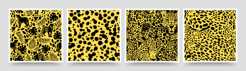 Trendy Leopard Pattern Set. Wild animal seamless pattern collection. Vector cheetah skin texture, leopard and tropical palm leaf silhouette, leo face, cat eye print for fashion design, background.