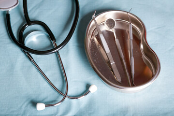 Dental instruments on the hospital table, natural light indoor