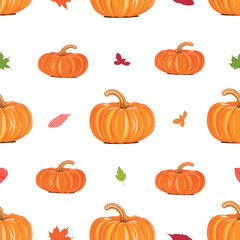 Happy Thanksgiving Day seamless pattern with orange pumpkins and falling leaves. Vector autumn background for textile, wrapping paper or wallpaper.