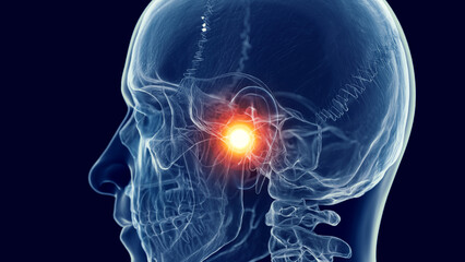 3d medical illustration of a man's skull and cervical spine. jaw pain - 603013211