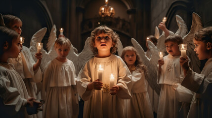 A group of children dressed in white holding candles. Generative AI.