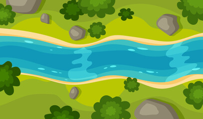 Fototapeta na wymiar Flowing river top view. Curve riverbed and coastline with stones, trees and green field. Summer landscape scene. Vector illustration.
