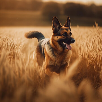 a dramatic photo of a majestic german shepherd dog running through a golden field