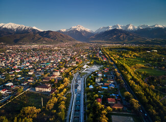 Aerial view panorama of river and mountains in Almaty