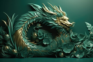 Happy Chinese New Year 2024 Dragon Zodiac Paper Cut Style Dragon with Flowers Generative Ai