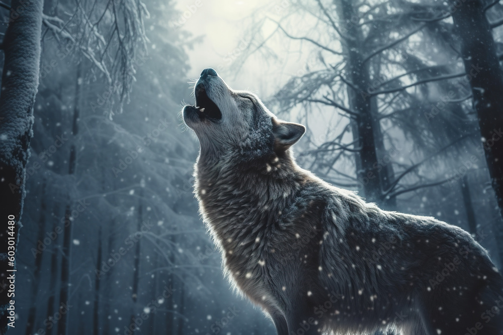 Poster a wolf standing in the snow in a forest. generative ai.